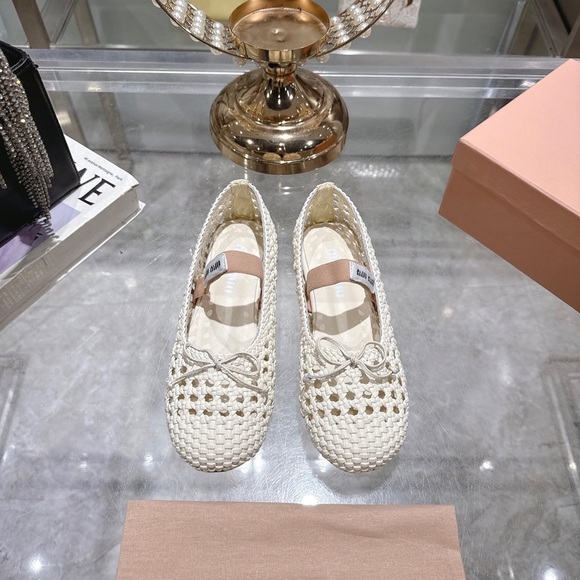 Miu Miu Shoes - Miu Miu Ivory Woven Mary Jane Ballet Flats